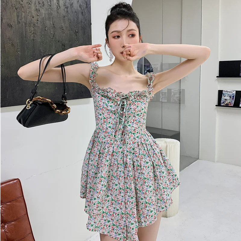 

Kimotimo Sweet Floral Spaghetti Strap Dress Women Korean Chic Design Folds Lace Up Slim A-Line Mini Dress 2021 Summer Clothes
