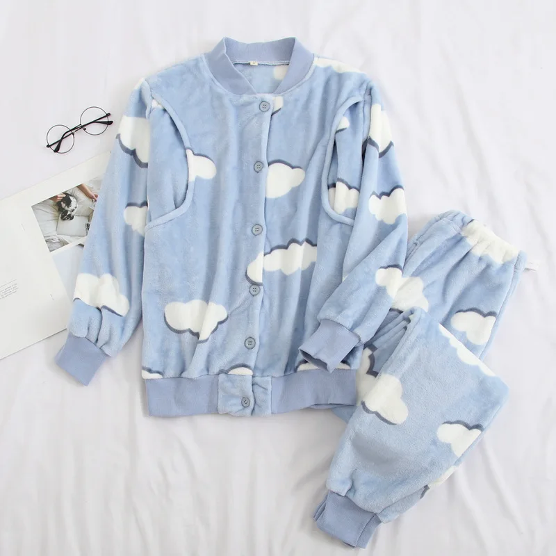 M0063 blue Осенне-зимняя новая Теплая Одежда для беременных кормящих женщин, толстая Фланелевая Пижама для кормящих, пижамы с облаками, комплект из 2 предметов для кормящих матерей - Цвет: M0063 blue