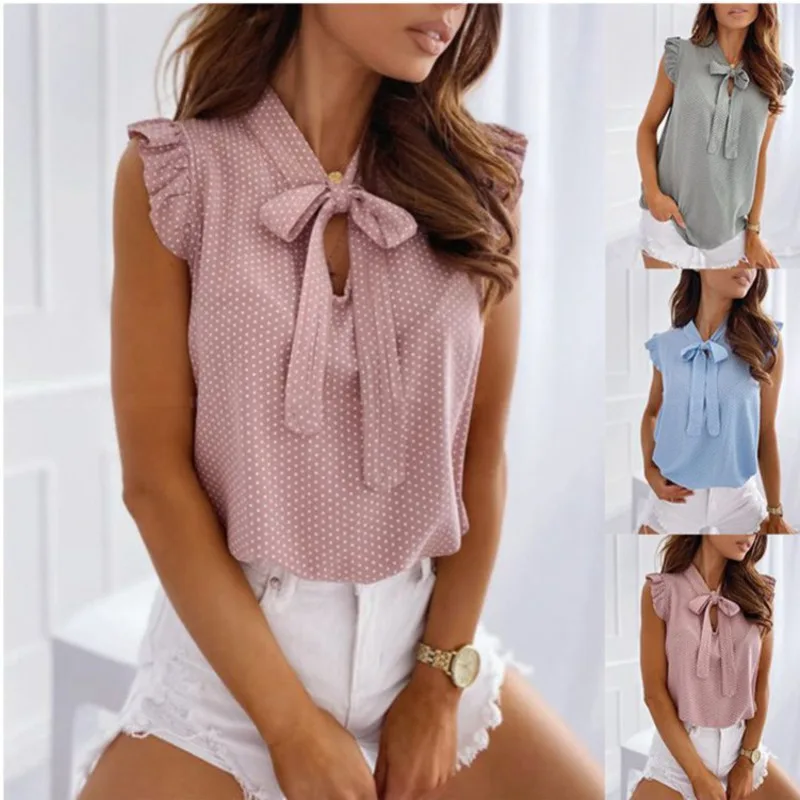 

Sleeveless Polka Dot Women Shirt Vintage Ruffle Pullover Sexy Bow Casual Lace Up Women Female Blouse Chic Crop Top