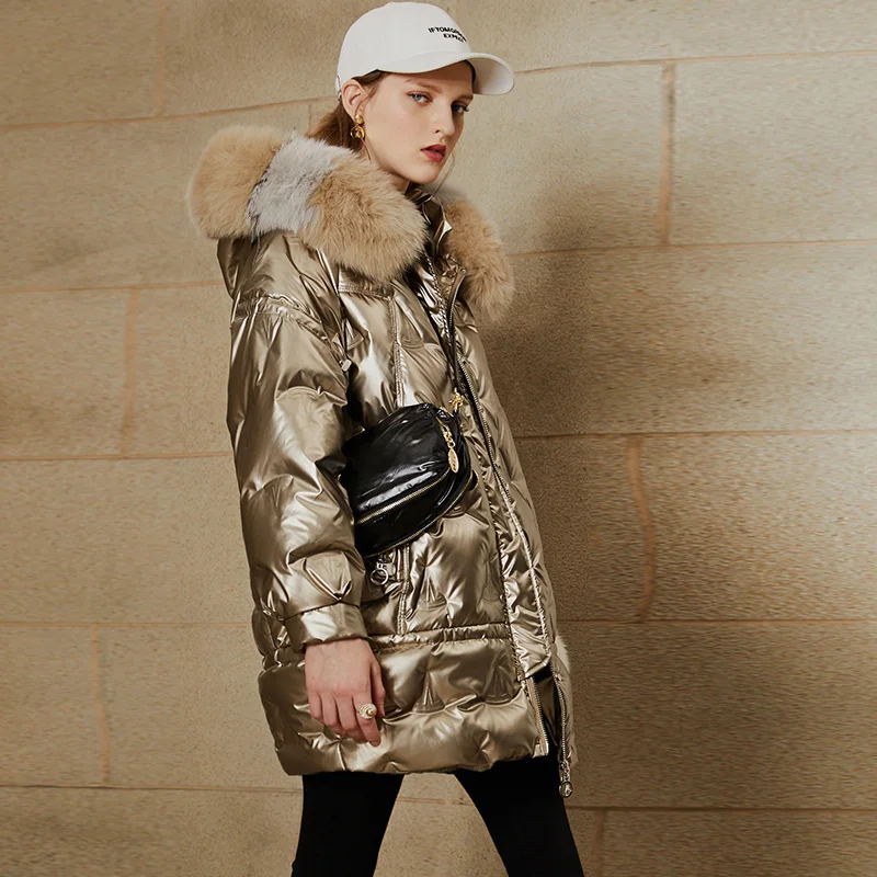 Janveny большая блестящая куртка с капюшоном из натурального Лисьего меха Новинка