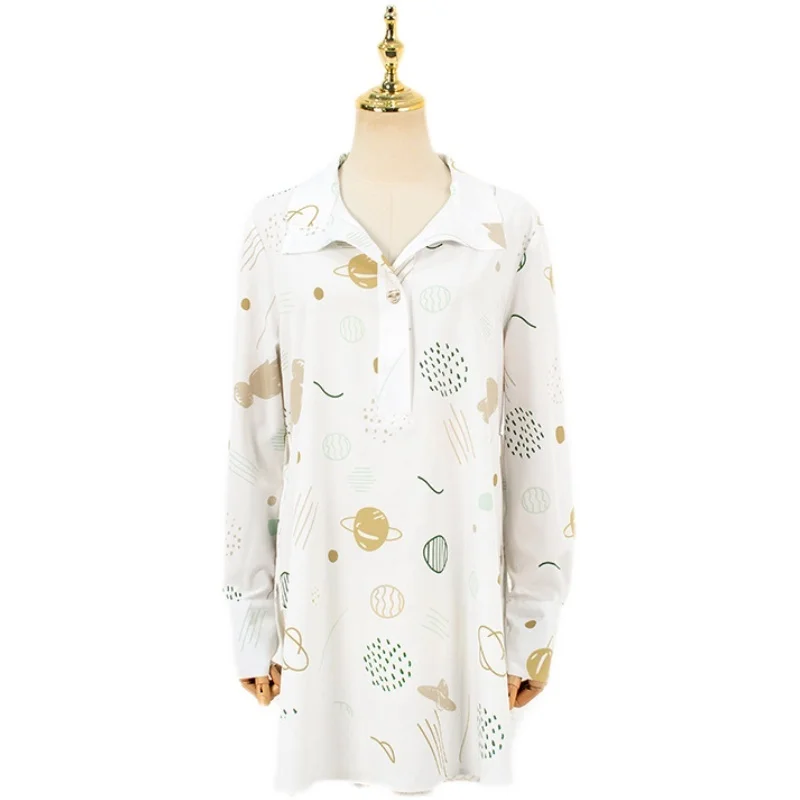 

IEQJ Women White Elegant big size Printed Shirt Dress Women Lapel Belt Long Sleeves New Loose Fashion Tide Summer 2021 3F0828