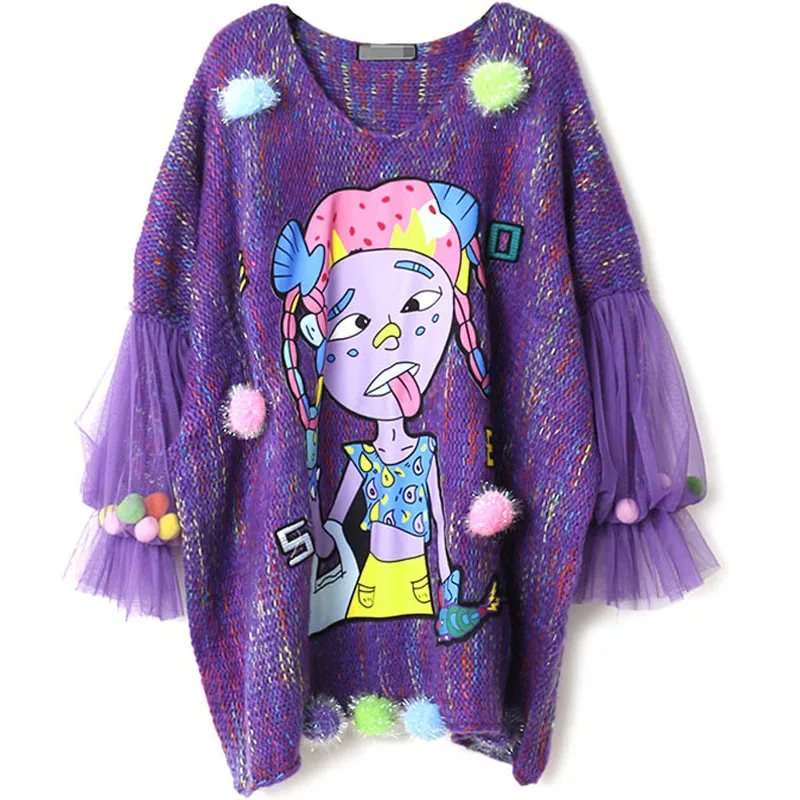 QING MO Purple Women Pullovers Sweater 2020 Cartoon Printed Female Knitted With Colorful Beading ZQY5228 | Женская одежда