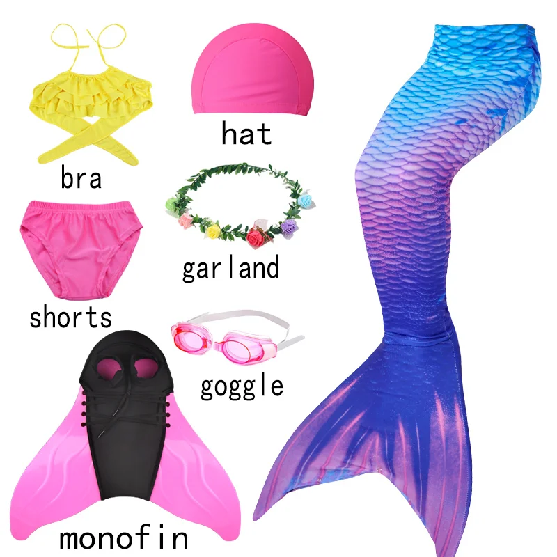 

Baby Kids Swimmable Mermaid Tail For Girls Swimming Bating Suit Beach Swimsuit With/No Monofin Fin Goggle Garland Hat