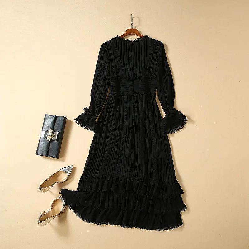 HIGH QUALITY New Fashion 2019 Designer Runway Dress Women's Long Sleeve Lace Patchwork Pleated Midi | Женская одежда