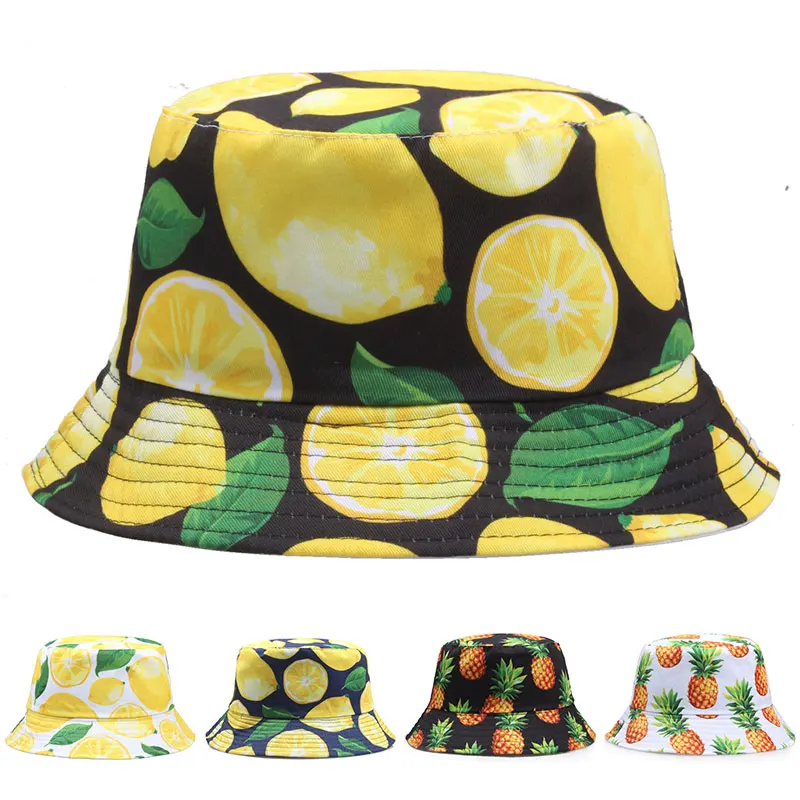 

2021 Two Side Reversible Fruit Lemon Bucket Hat for Men Women Fisherman Hat Panama Bob Hat Summer Pineapple Banana Female Hat