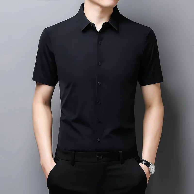 

2021 summer new men's Short Sleeve Shirt solid color Lapel loose thin men's mulberry collar shirt
