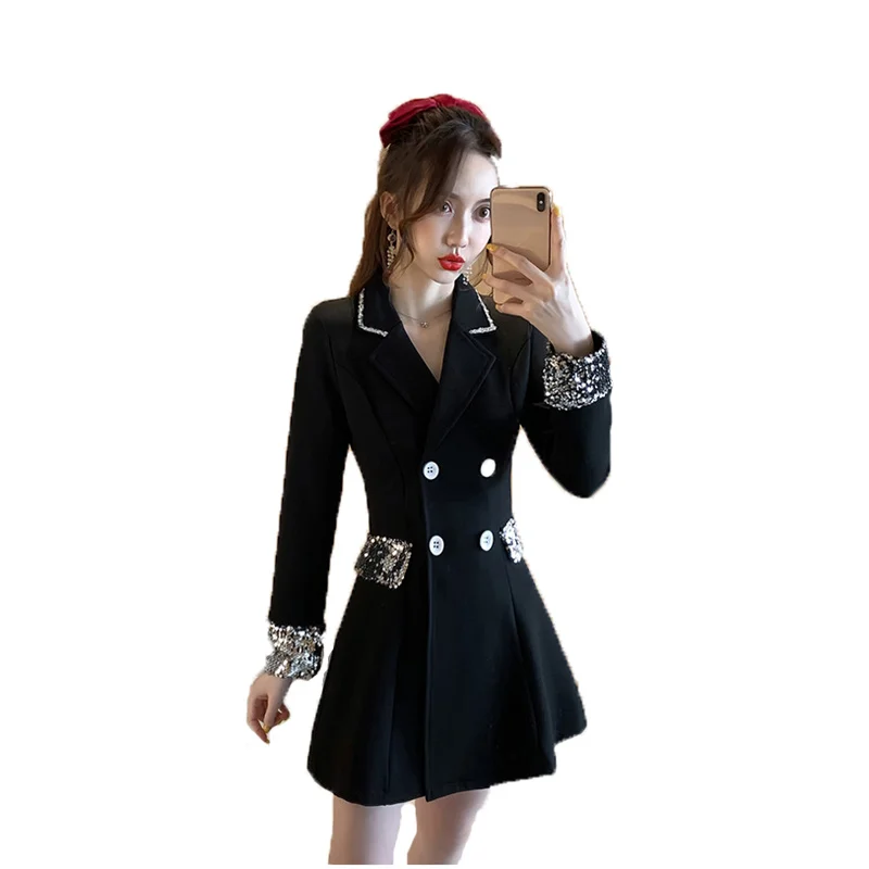 

2021 New Spring Autumn Dress Women Black Plus Size Lapel Fashion Suit Collar Temperament All-Match Sweet Mini Dress Vestido GH5
