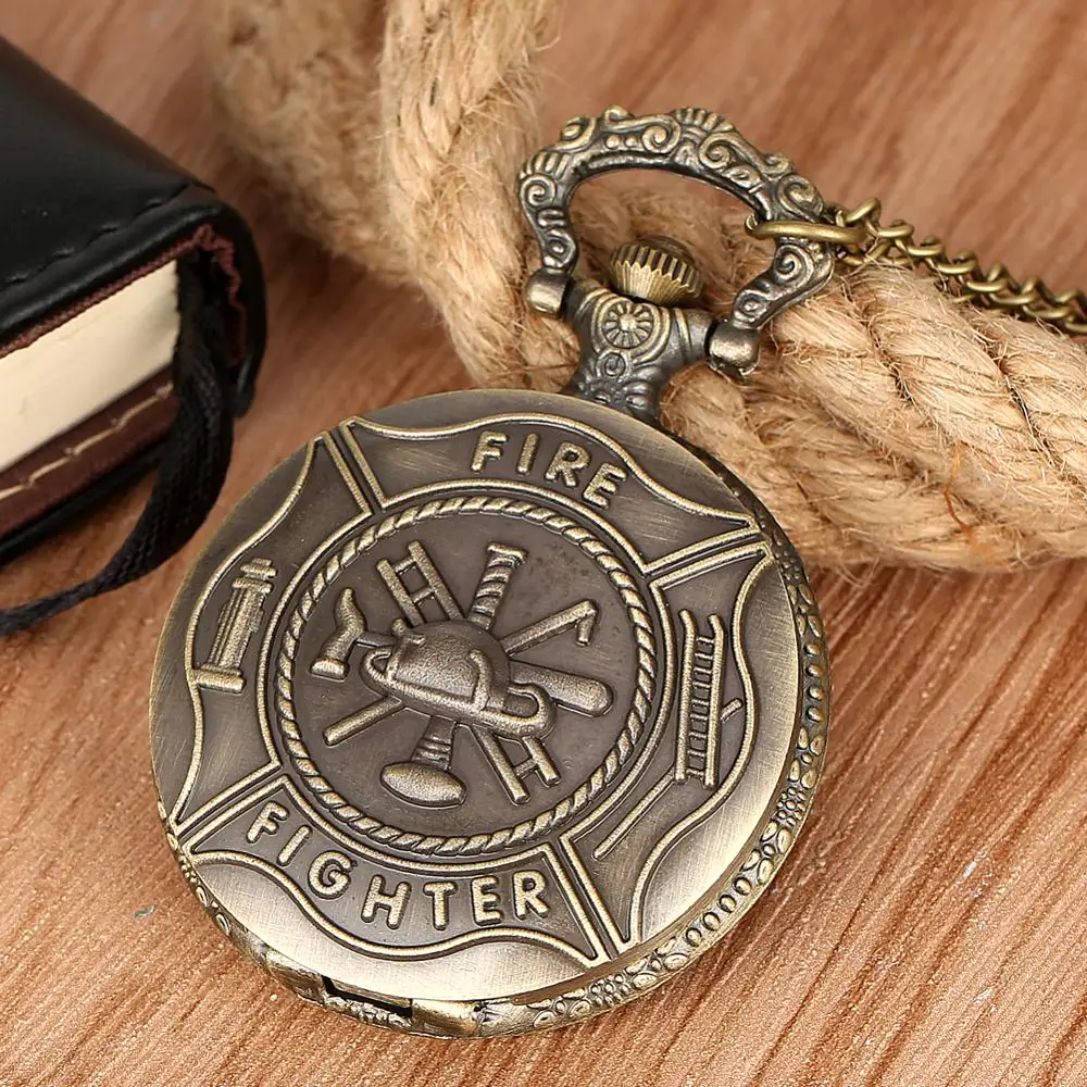 

Retro Bronze Fire Fighter Control Quartz Vintage Pocket Watch Children Pendant with Necklace Chain Best Gift for Men Women