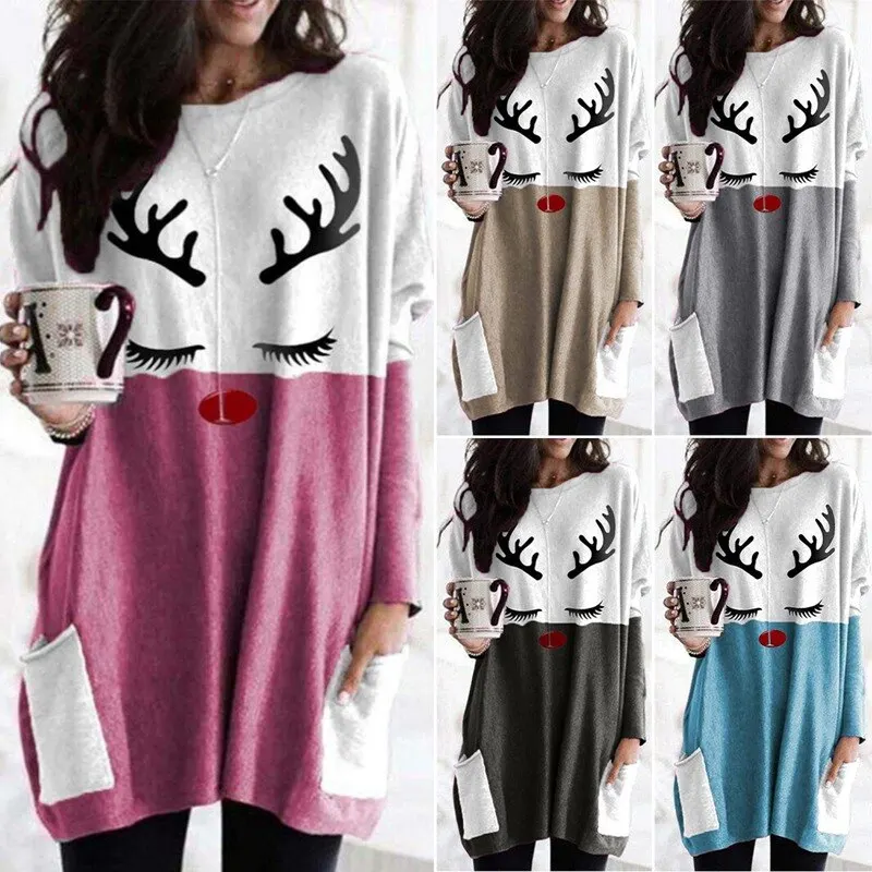 

2020 New Hot style New Christmas sika deer holiday long-sleeved stitching color matching casual top