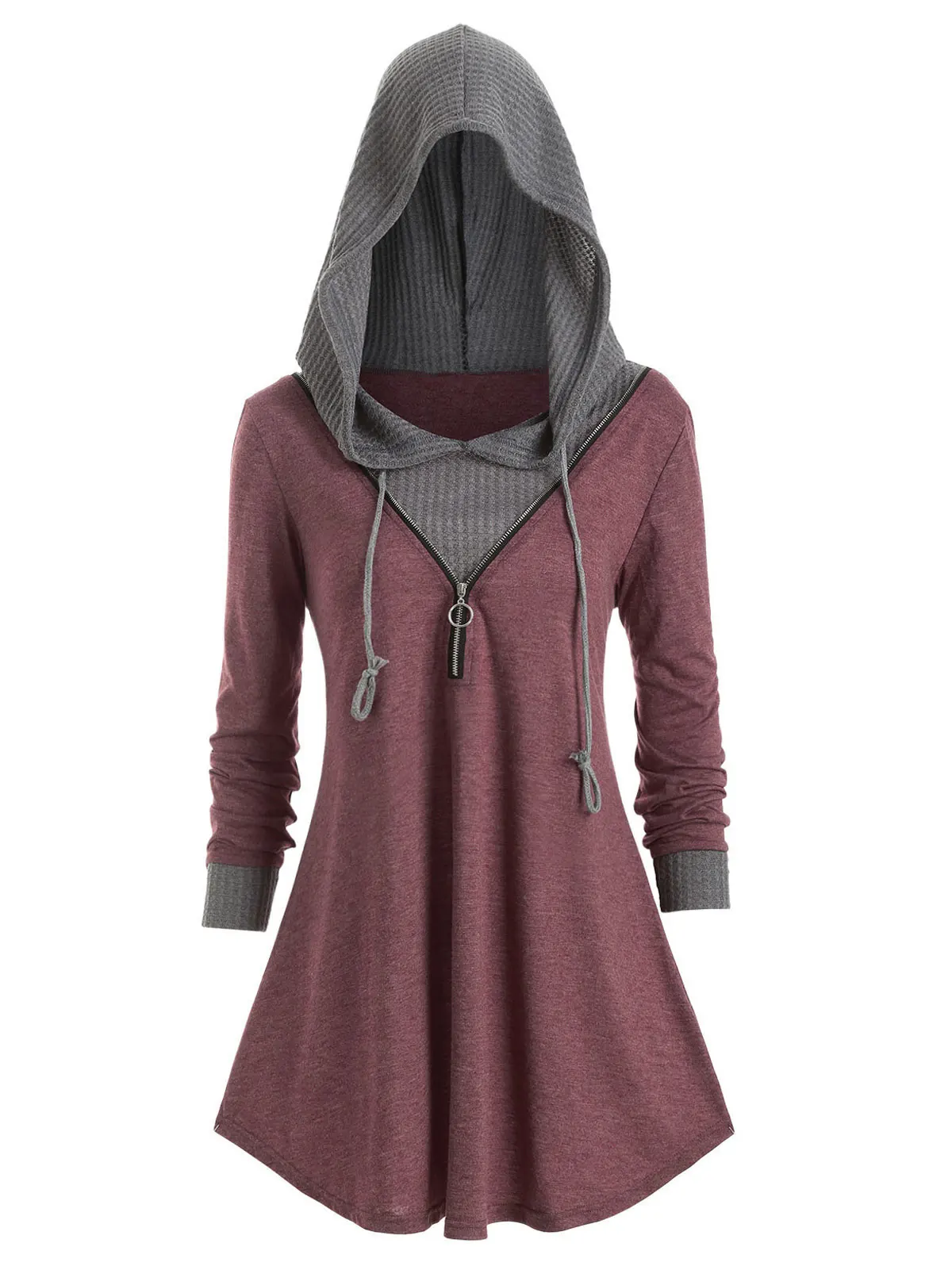 ROSEGAL Вишневый красный с капюшоном на молнии 2fer Туника трикотаж длинный