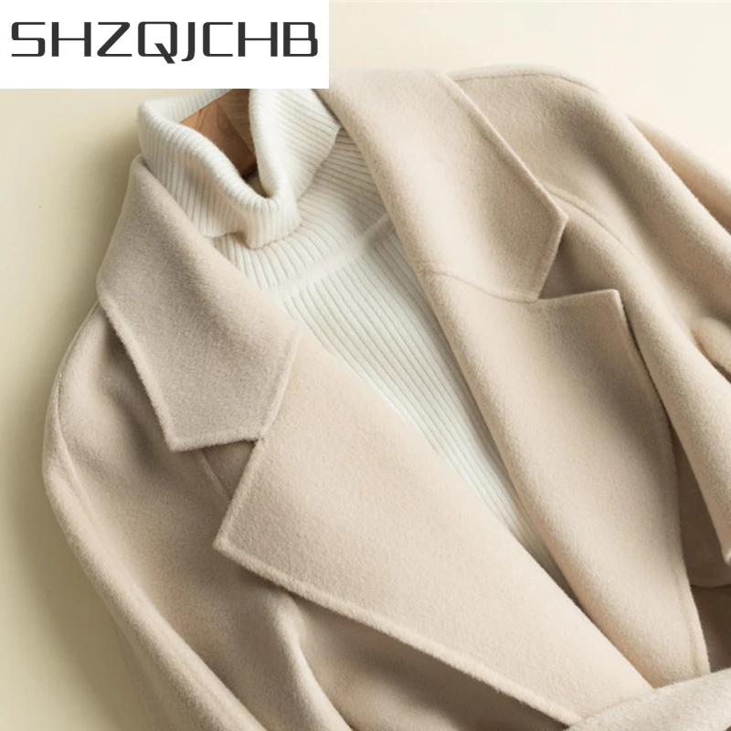

SHZQ 100% шерстяные куртки, женская зимняя одежда, кашемировое пальто, женское осенне-весеннее длинное пальто с поясом, женские зимние куртки 2021...