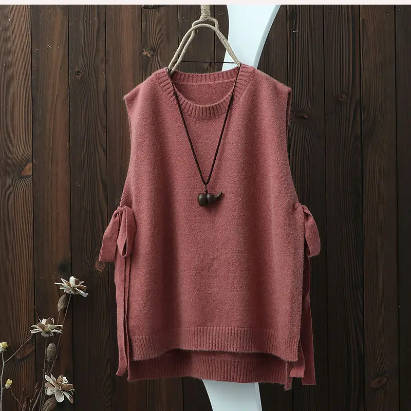 

2021 O Neck Solid Color Knitted Waistcoat Women Spring Casual Warm Lace Up Sweater Vest Autumn Female Loose Sleeveless Pullover
