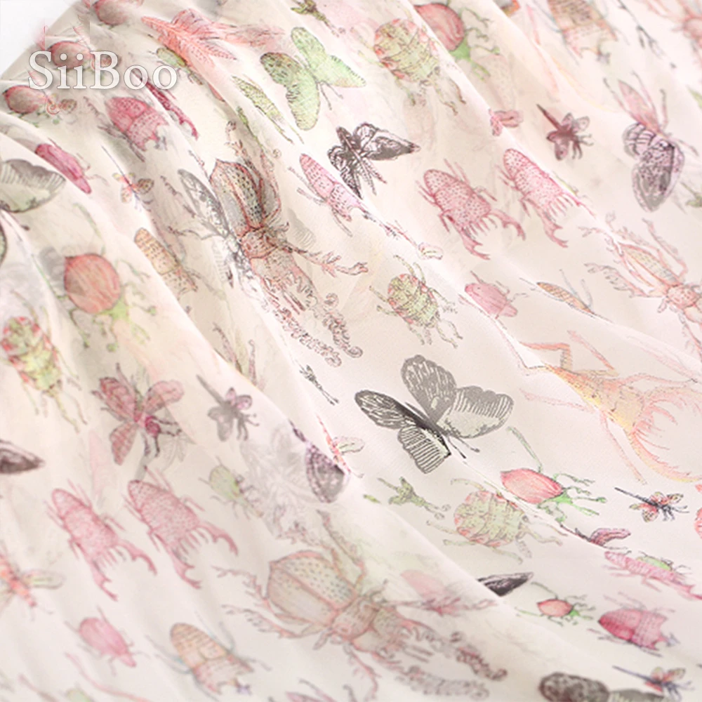 Модельная рубашка из 100% натурального шелка и шифона с милым принтом насекомых 8