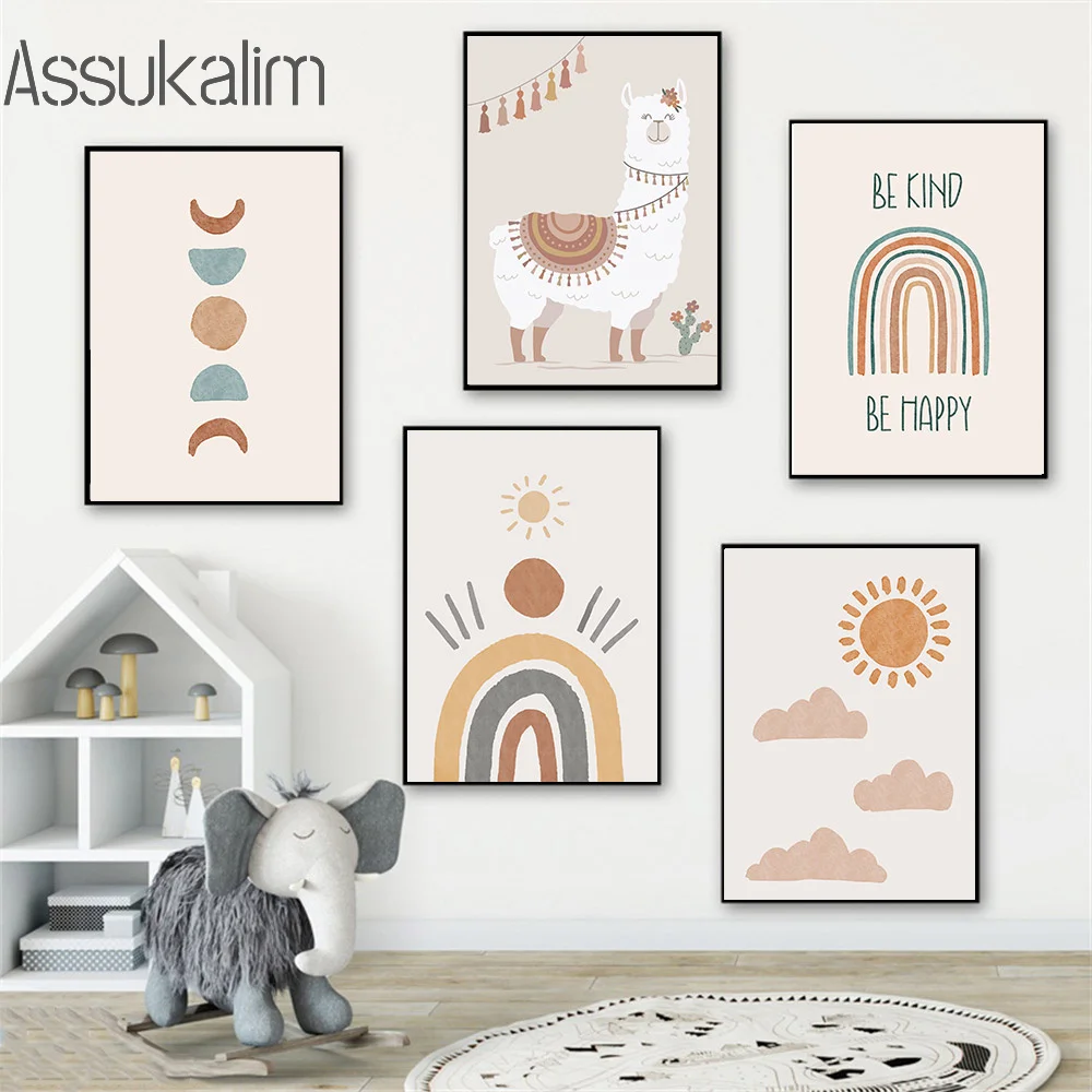 

Sun Rainbow Posters And Prints Alpaca Canvas Painting Boho Poster Cartoons Baby Art Print Nordic Wall Pictures Kids Room Decor