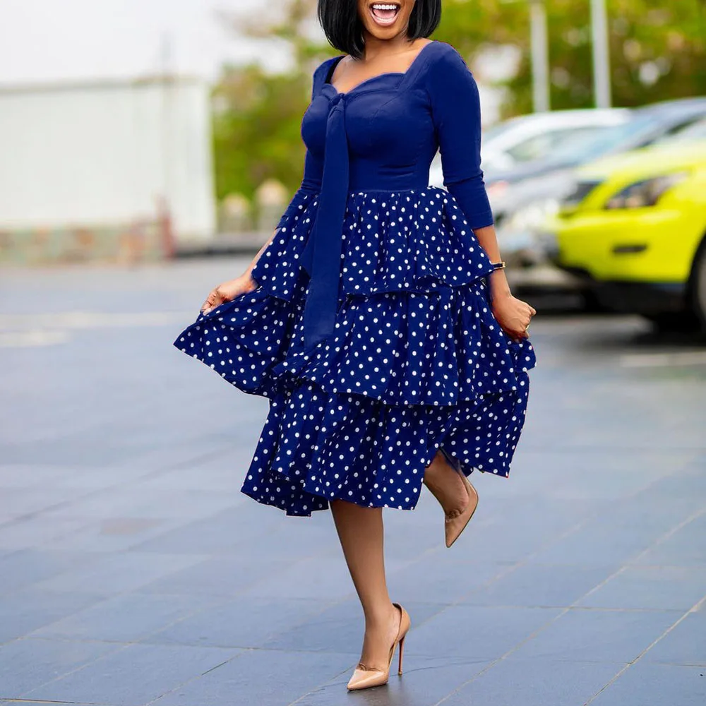 

2021 Fashion Women's Cake Dress Western Style Oversize African Simple Wave Point Splicing Printing Square Collar Long Sleeve