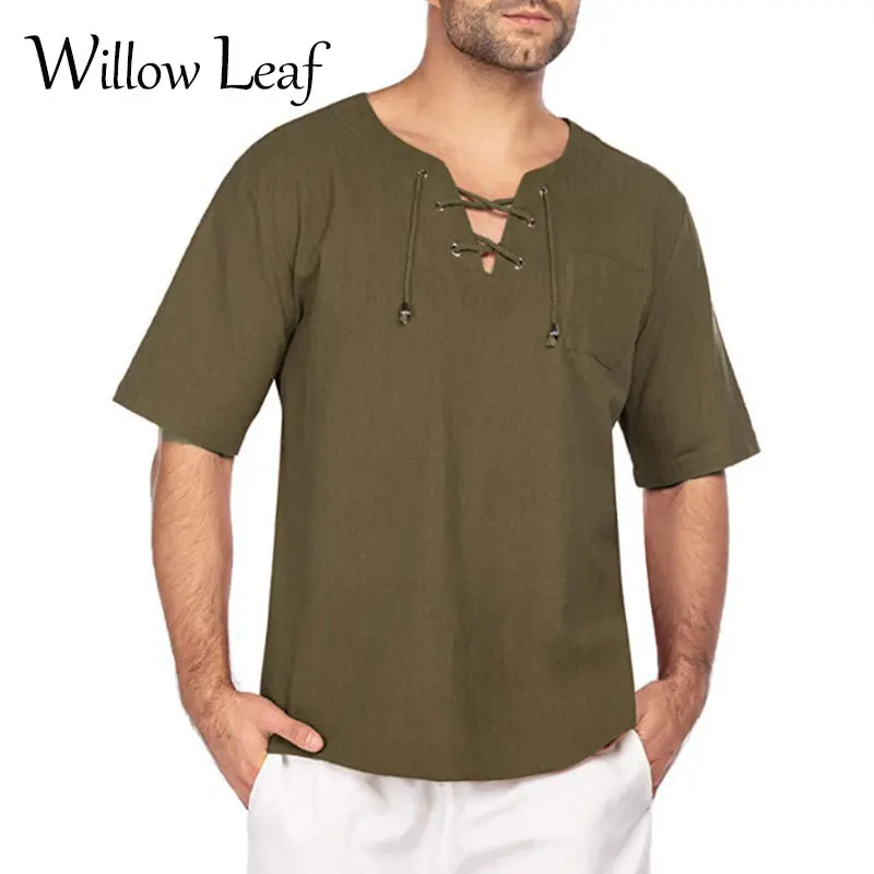 

Willow Leaf 2021 new style summer Fashion Fitness short -Sleeved Men's Cotton Stretch Slim Lace collar pure color Sports T-Shirt