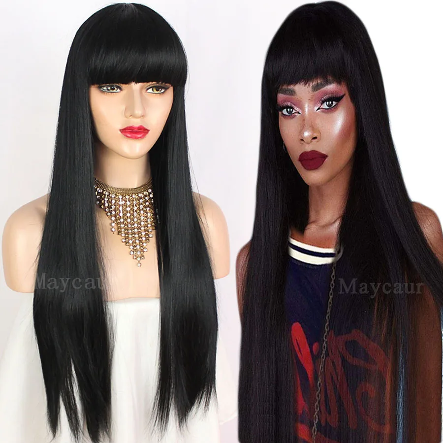 Maycaur Long Black Synthetic Hair Wigs with Bangs Glueless Straight Wig For Women 18-24 Inch | Шиньоны и парики