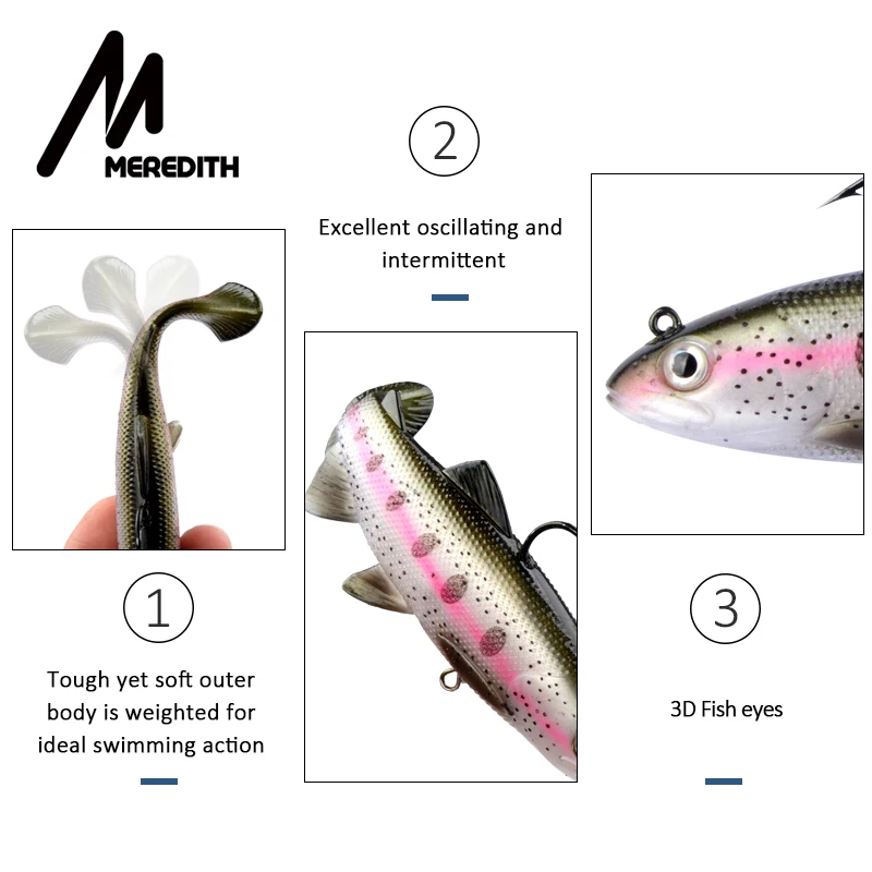 MEREDITH 12 см 15 см форель свинцовая головка ПВХ рыболовные приманки для плавания искусственные приманки Т-образный хвост силиконовые свинцовые мягкие приманки наживка воблеры