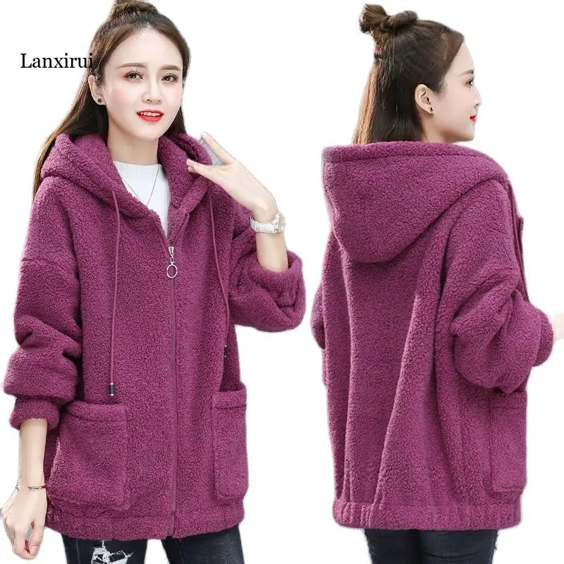 

Женская толстовка с капюшоном, однотонная толстовка на молнии с карманами и длинным рукавом, кашемировое пальто из имитации овечьей шерсти,...