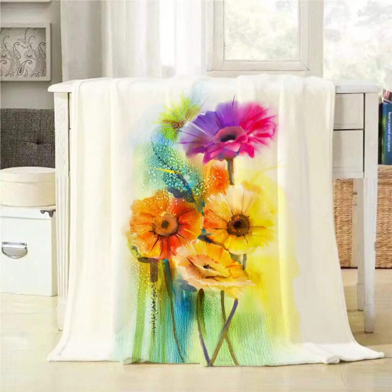 

Watercolor Flowers Painting Throw Blanket Hand Paint Yellow Pink and Red Color Daisy Gerbera Decorative Soft Warm Cozy Flannel