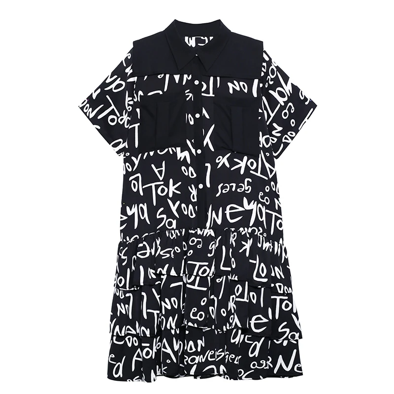 

XUXI Women Short Sleeve Splicing Dress Fashion Printing Pattern Loose And Thin Over The Knee Skirt Summer 2021 E1917