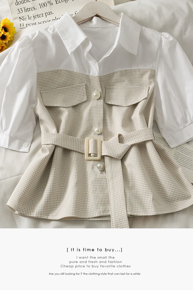 

French niche hit color beads single-breasted lapel small shirt women summer straps high waist mist sleeve top tide