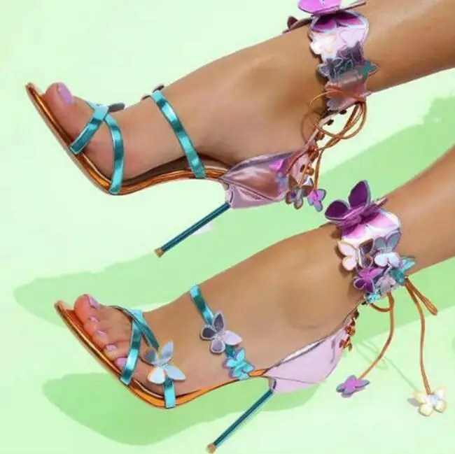 

Женские кожаные сандалии-гладиаторы Sweet Harmony, элегантные модельные туфли цвета металлик, на шнуровке, с 3D изображением бабочки, туфли-лодочк...
