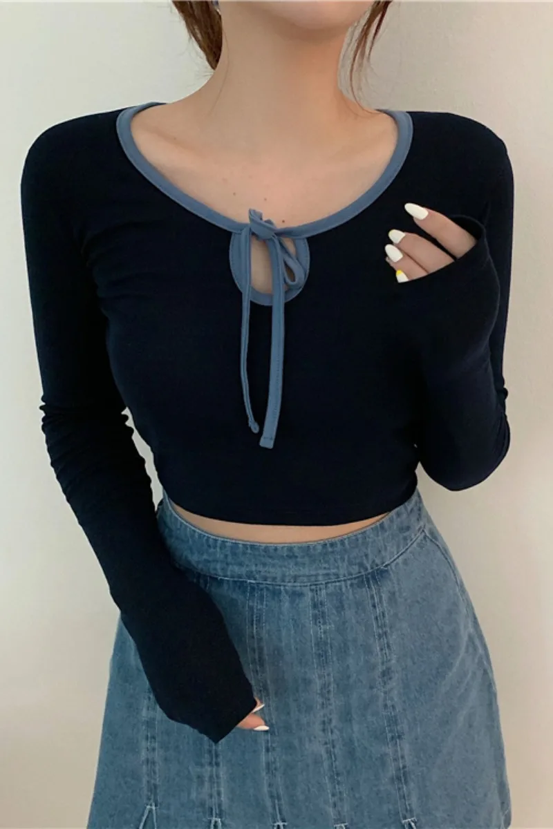 

Foreign style lace-up short tight slim bottoming shirt top women's korean autumn tibetan blue heart machine long-sleeved t-shirt