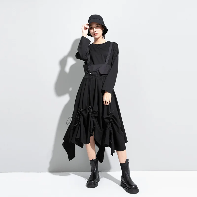 

SuperAen Autumn and Winter New Solid Black Streetwear Irregular Drawstring Elastic A Line Skirt Women