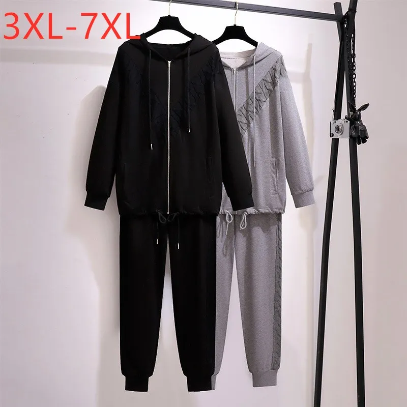 New 2021 Autumn Winter Plus Size Sports Sets For Women Large Black Cotton Hoodie And Pants Running Suits 3XL 4XL 5XL 6XL 7XL
