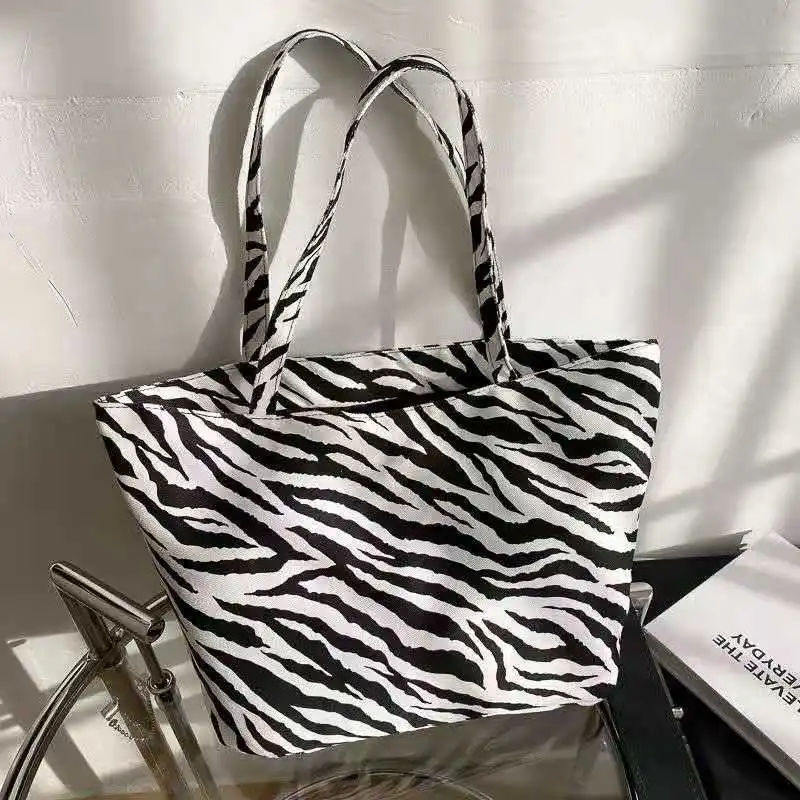 

Zebra Printed Canvas Bag Female Tote 2021 New Campus Student Korean Version Ins Large-Capacity Multifunctional All-Matched