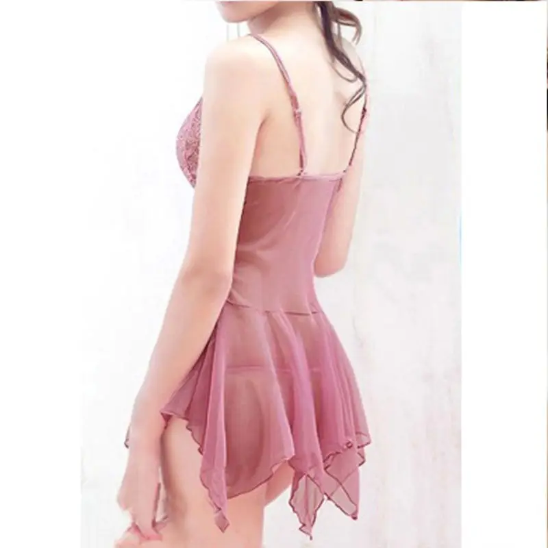 

Womens Deep V-Neck Lingerie Dress Mesh Lace Spaghetti Strap Nightgown Irregular X3UE