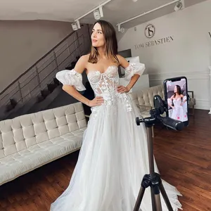 Princess Wedding Dresses 2022 A Line Sexy Sweetheart Tulle Appliques Bride Dress Puff Sleeve Illusion Backless Corset Wedding Go