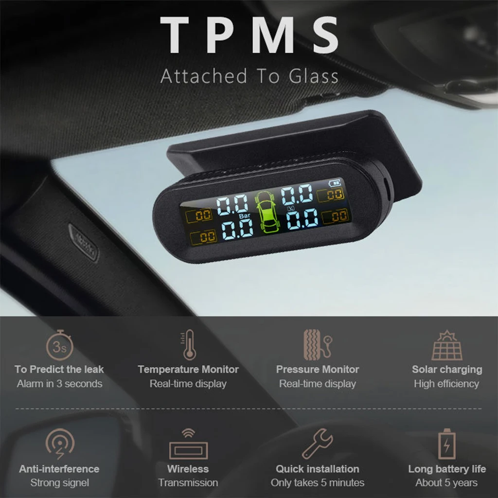 Монитор давления в шинах автомобиля + Φ датчики TPMS на солнечной энергии для RV Black |