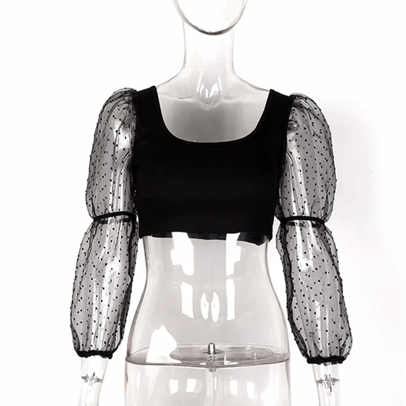 Сексуальный женский кружевной прозрачный топ в горошек с квадратным вырезом и
