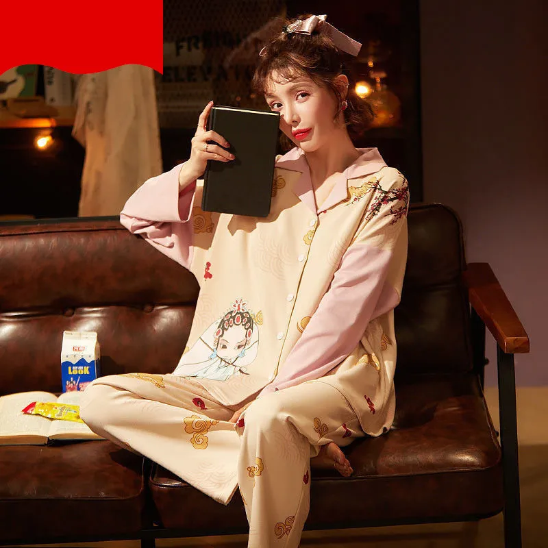 

2020 New Women Pajama Set Chinese Style Peking Opera Cute Comfortable Long Sleeves Homewear Large Size Cardigan Pajamas Set