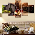 Настенная картина для кухни, изображения красного вина, деревянного бочонка и фруктов, винограда, картина для гостиной, 5 панелей, холст, художественный дом