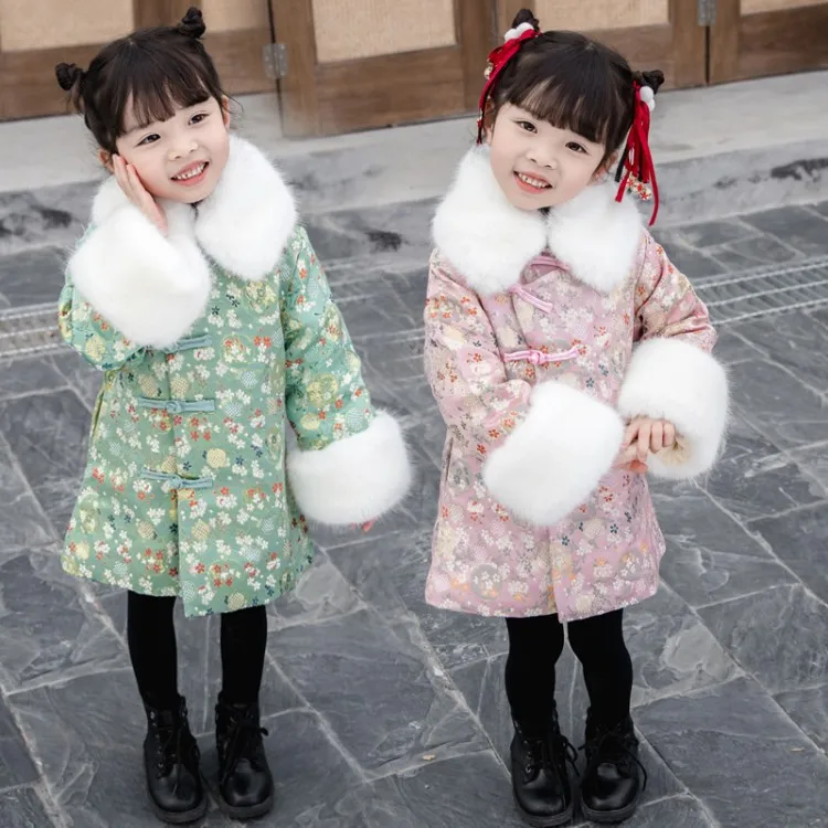 Толстое Ципао для девочек зимний детский костюм Тан воротник из искусственного