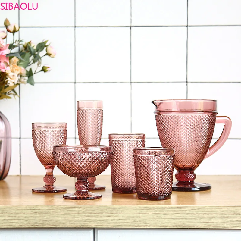

New Embossed Red Wine Glass Heat-resistant Glass Goblet Color Glass Wedding Decoration Glass Wine Glass Household Water Glass