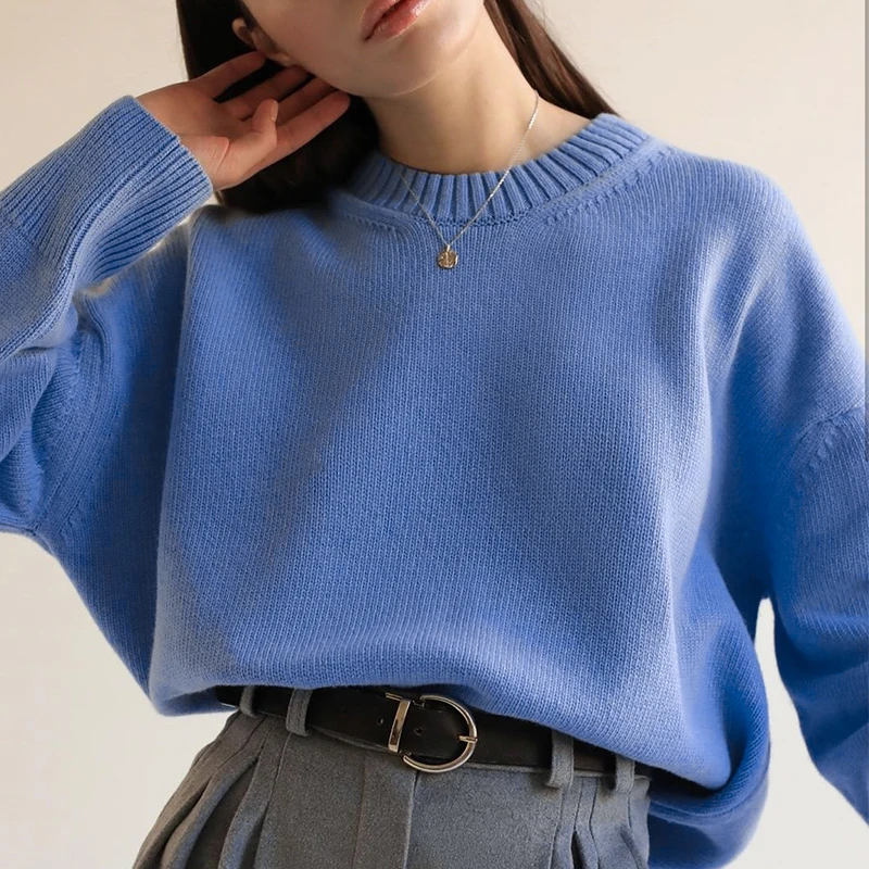 Simplee Elegant Khaki women's sweater O-neck loose soft autumn winter Pullover High street style long sleeve knitted | Женская