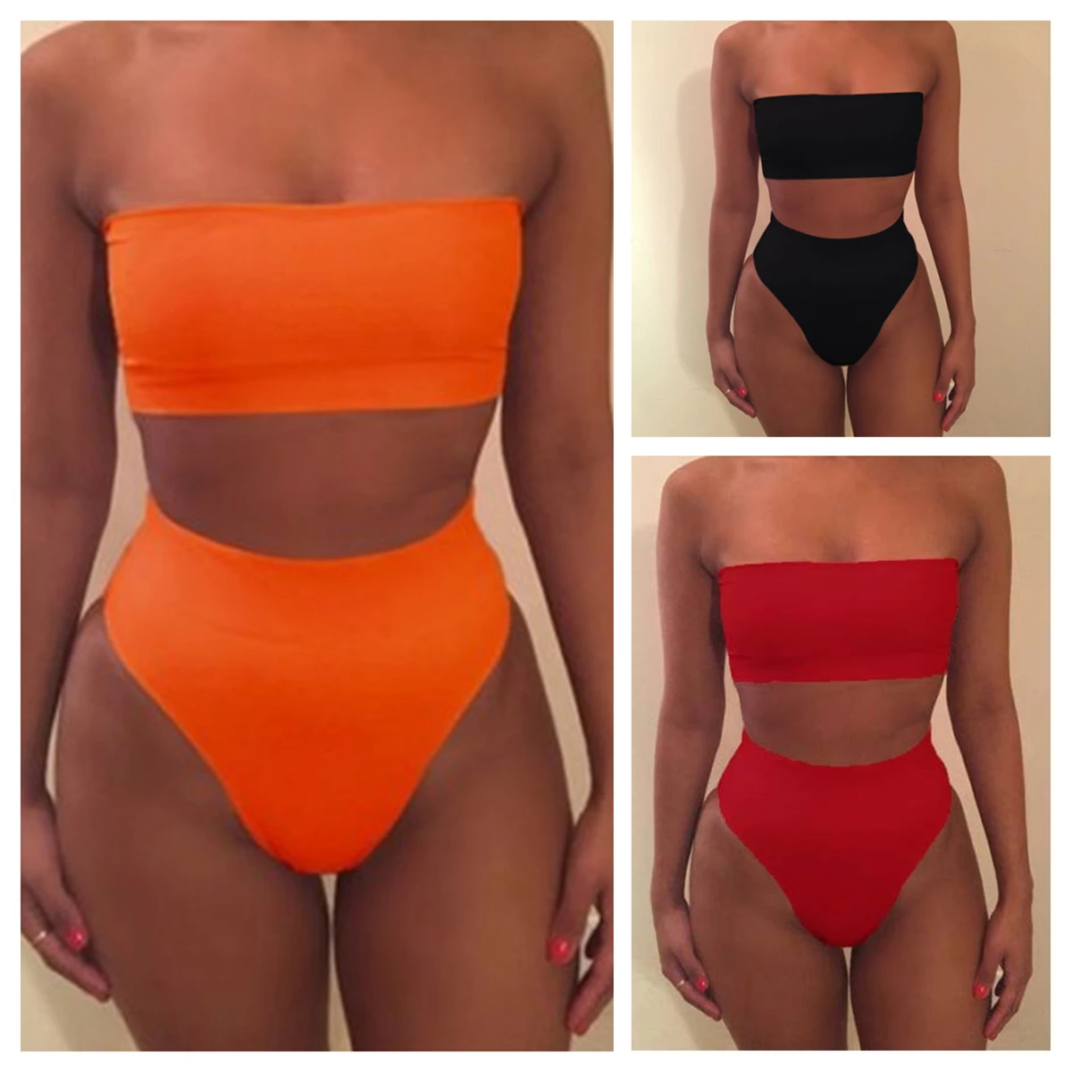 

Sexy Women Strapless Bandeau Boob Tube High Waist Bikini Set Swimwear Swimsuit