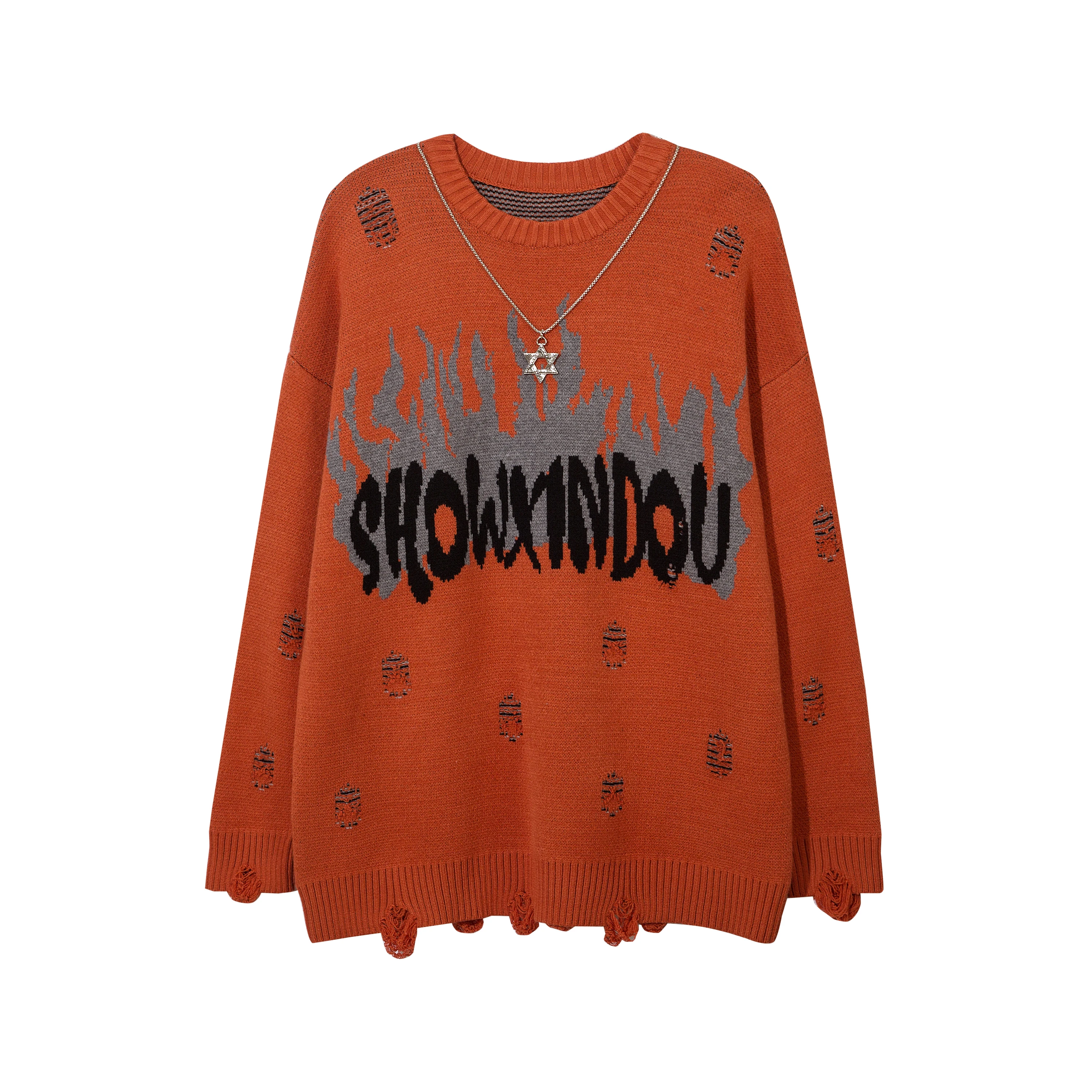 

Harajuku Priest Salvation Printed Knitwears Women Streetwear Hip Hop Destroyed Hole Ripped Pullovers Jumper Oversized Men