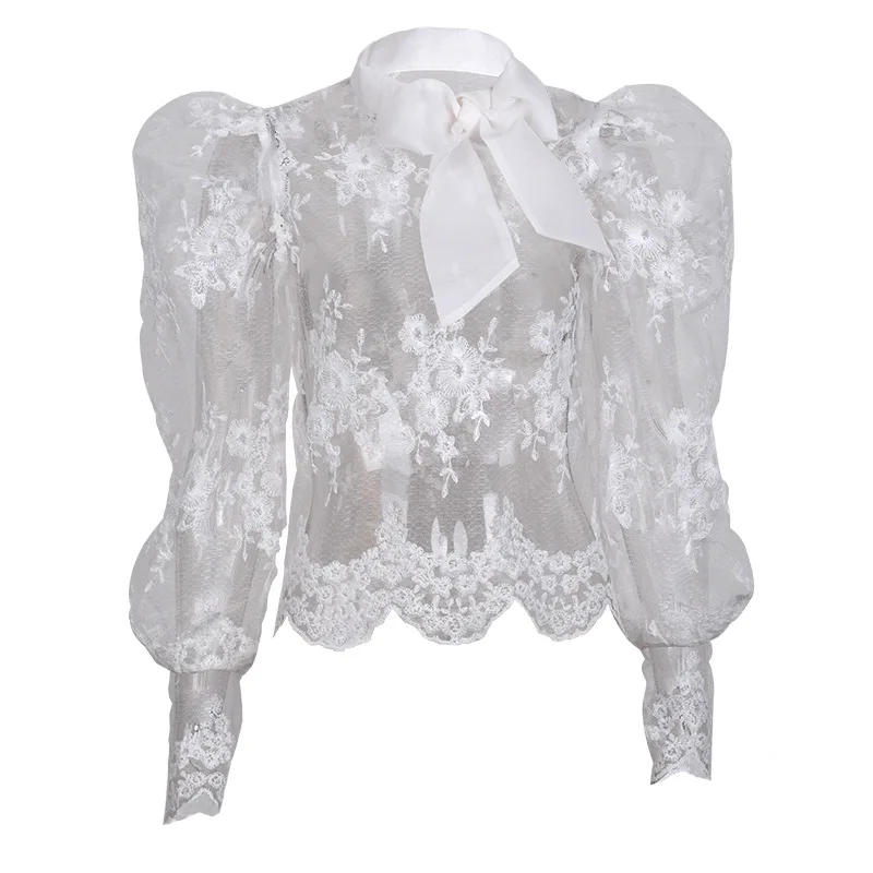 DAYIFUN/футболка с бантом и вышивкой гофрированная Сетчатая футболка кружевные топы