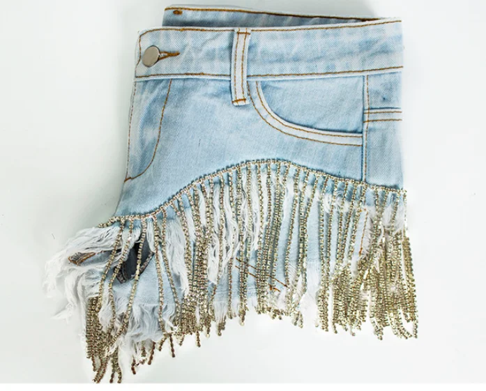 

2020 summer casual Tassel rhinestone denim shorts women low waist wide leg jeans shorts