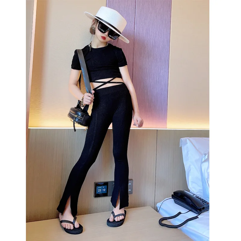 

Ms.Qiman Girls Boot Cut Pant Sets Summer Children's Clothing Sets Teenager Girls Sheath T Shirt and Pant Outfits Fashion Pant