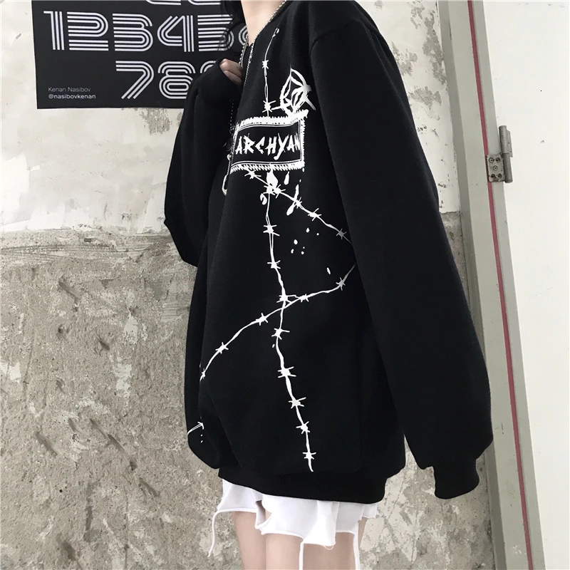 Гранж Повседневная Женская Печать Черная Толстовка уличная одежда|Женские