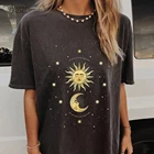 Женская футболка с коротким рукавом, Повседневная Свободная длинная футболка с принтом Солнца и Луны, Винтажная Футболка большого размера, лето 2021