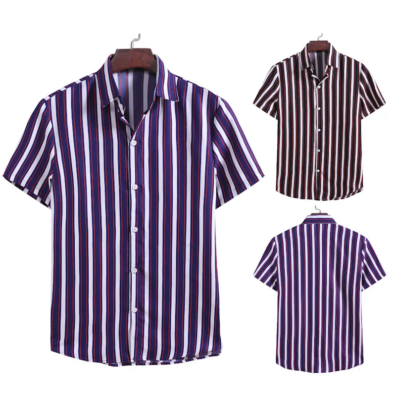 

2020 New Plus Size Men Fashion Summer Casual Button Down Vertical Striped Short Sleeve Shirt