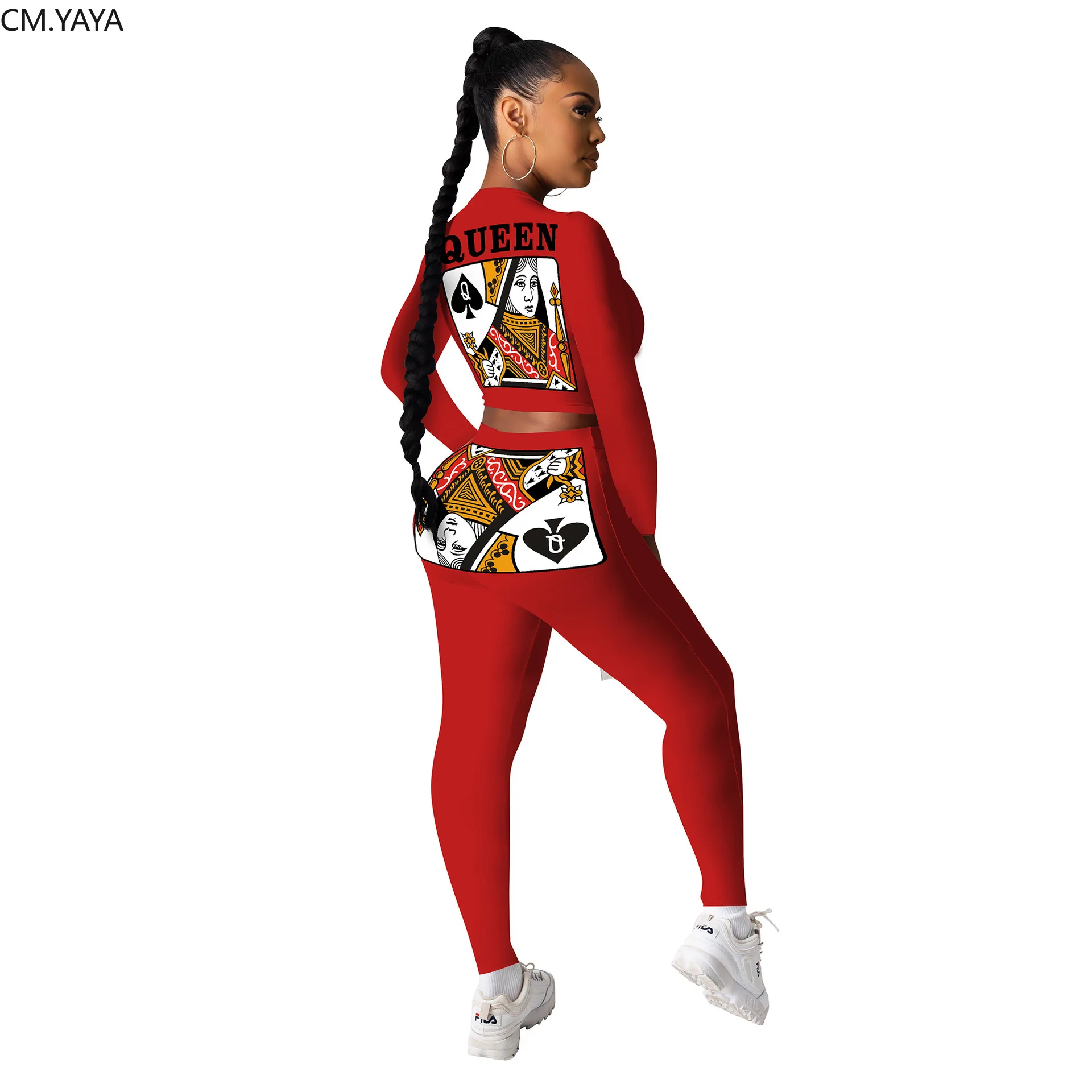 CM.YAYA Black Queen Spade Q Women Lace Up Waist Tee Tops Pencil Pants Suit Active Wear Tracksuit Two Piece Set Fitness Outfits |