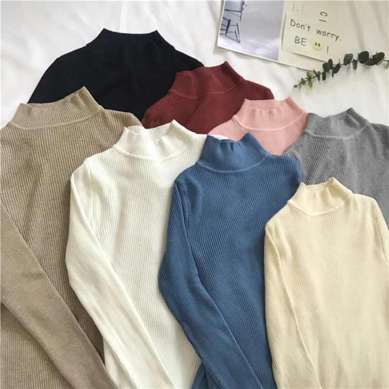 

2021 Autumn Winter Women Pullovers Sweater Knitted Elasticity Casual Jumper Fashion Slim Turtleneck Warm Female Korean Tops
